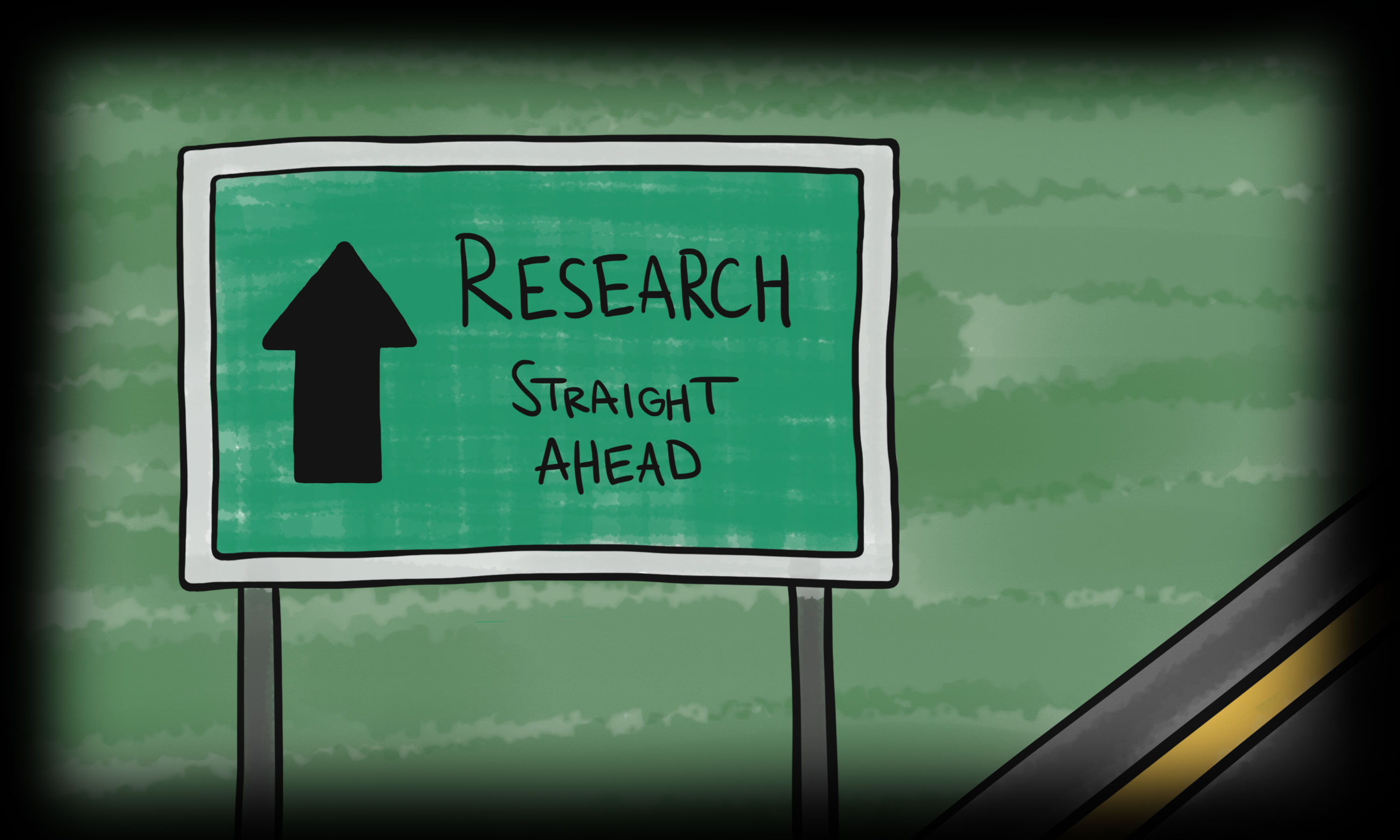 Sign says "Research straight ahead"