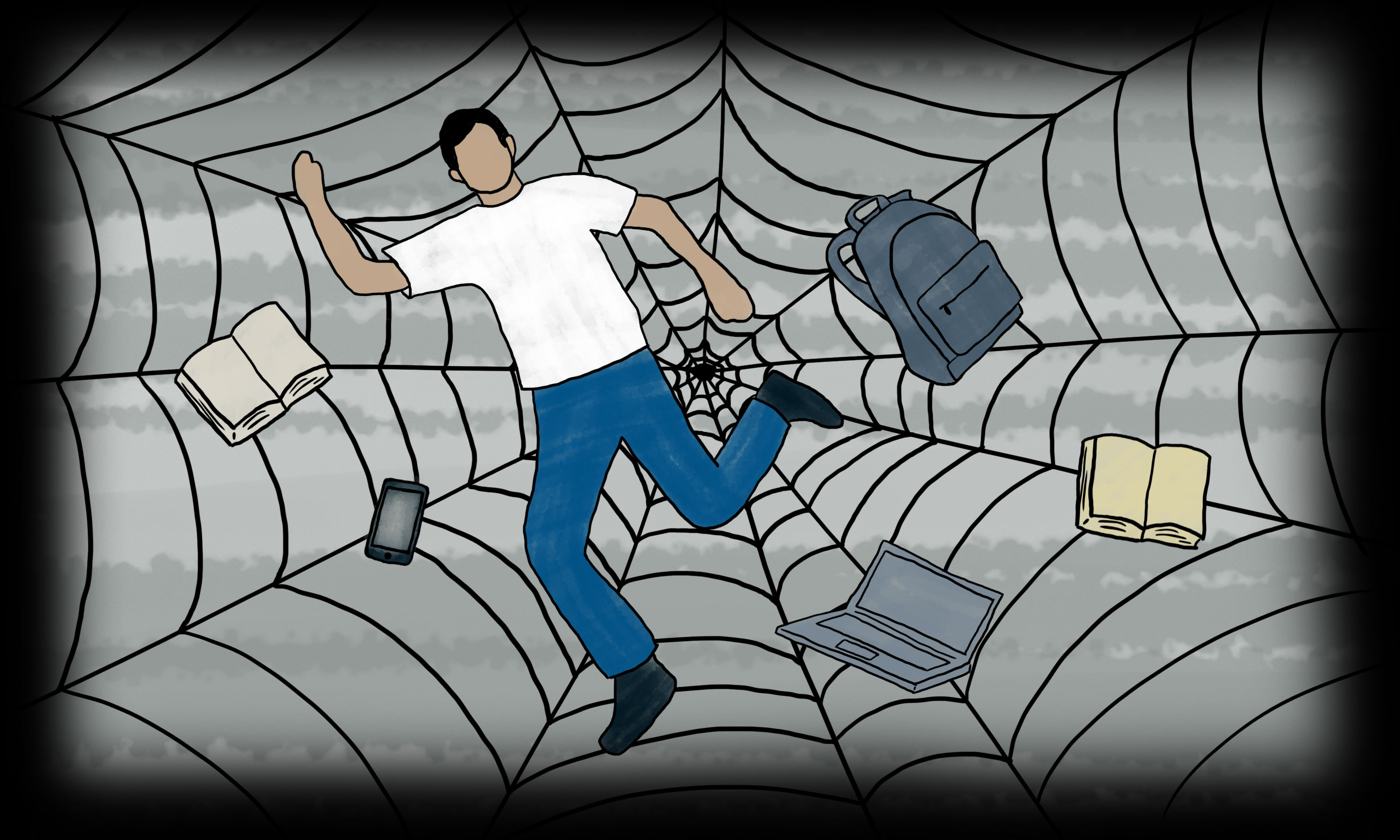 Person caught in spider web with books, computer, phone, and backpack.uter